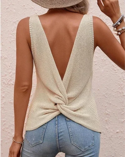 Summer Crochet Floral Tank Tops Back Twist Knit, view 2