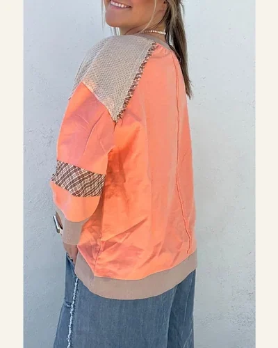 Casual 3/4 Sleeve Tops Plaid Waffle Flower Patchwork, view 2