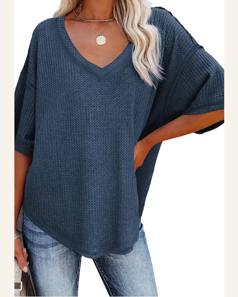 Waffle Knit Tops Casual V Neck Textured Shirts by SELINK
