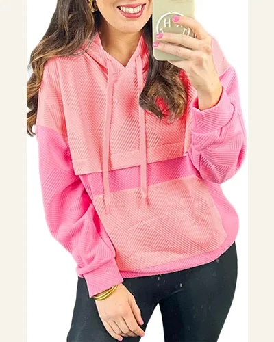 Casual Textured Color Block Kangaroo Pocket Drop Shoulder Sweatshirt, view 4