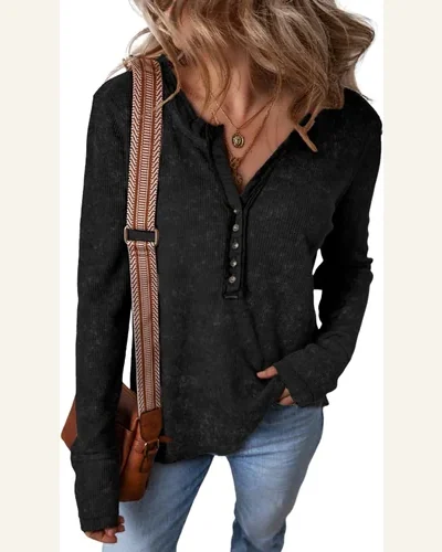 Tunic Tops Casual Acid Wash Waffle Knit Buttoned, view 1