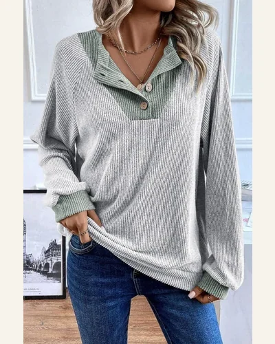 Tunic Tops Casual Light Grey Color Contrast Ribbed, view 3