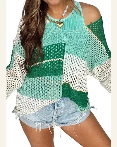Casual Color Block Pullover Sweater Tops Dark Green, view 1