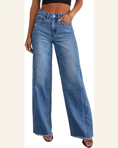 Casual High Waisted Jeans Frayed Edge Loose Straight, view 1