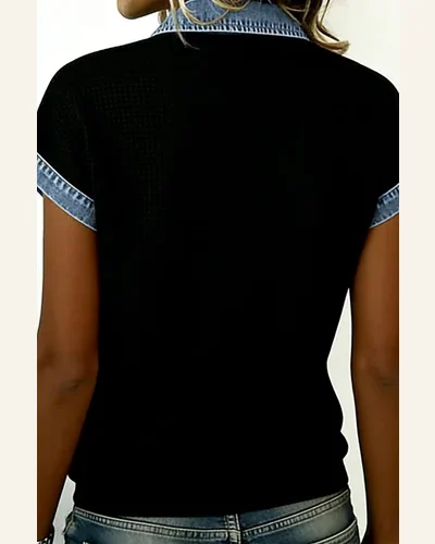 Textured Knit Denim Color Block Button Down Shirt, view 2