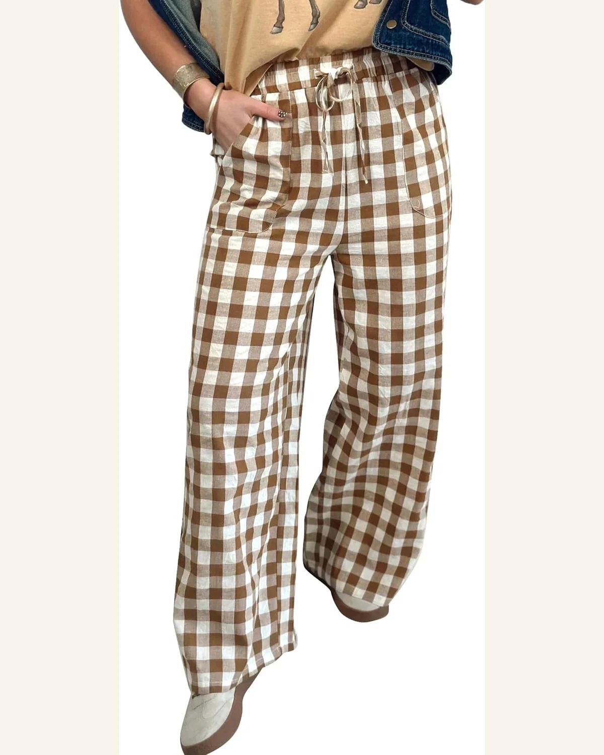 Gingham Plaid Shift Pants Wide Leg Pockets Casual by SELINK