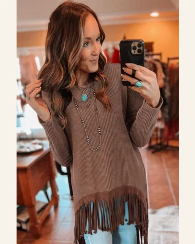 Tunic Tops Western Coffee Waffle Knit Fringed High, view 3