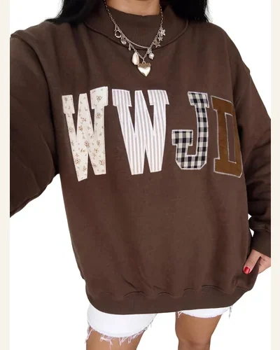 WWJD Embroidered Graphic Mock Neck Sweatshirt Top, view 4