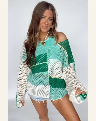 Casual Color Block Pullover Sweater Tops Dark Green, view 2