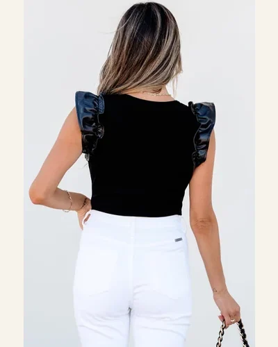 Bodysuit Black Leatherette Ruffle Patchwork Ribbed V Neck, view 2