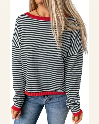 Pullover Sweater Tops Casual Contrast Trimmed Striped Drop, view 1