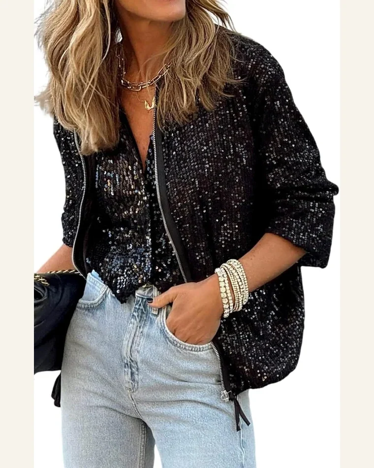 Shacket Jacket Party Black Sequin Zip up Round by SELINK