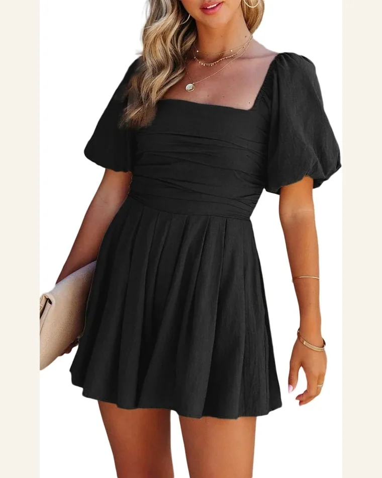 Jumpsuits Short Sleeve Black Square Neck Ruched Puff by SELINK