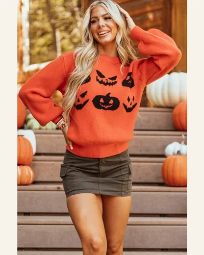 Casual Orange Halloween Pumpkin Face Pattern Pullover Sweater, view 4
