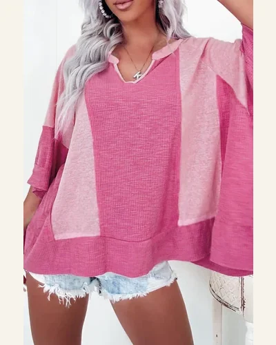 Tunic Tops Casual Bright Pink Textured Colorblock 3/4, view 2