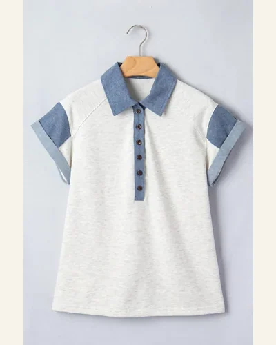 Denim Patchwork Polo T Shirt Contrast Blouse, view 3