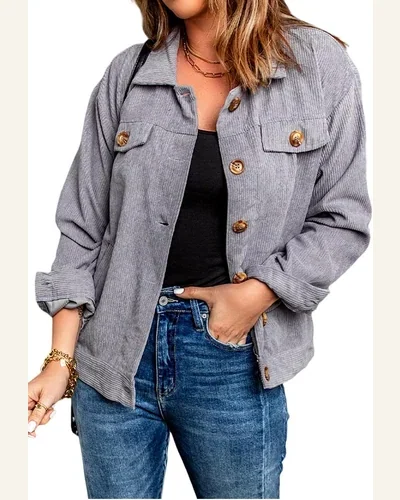 Shacket Jacket Gray Ribbed Corduroy Long Sleeve Jacket, view 1