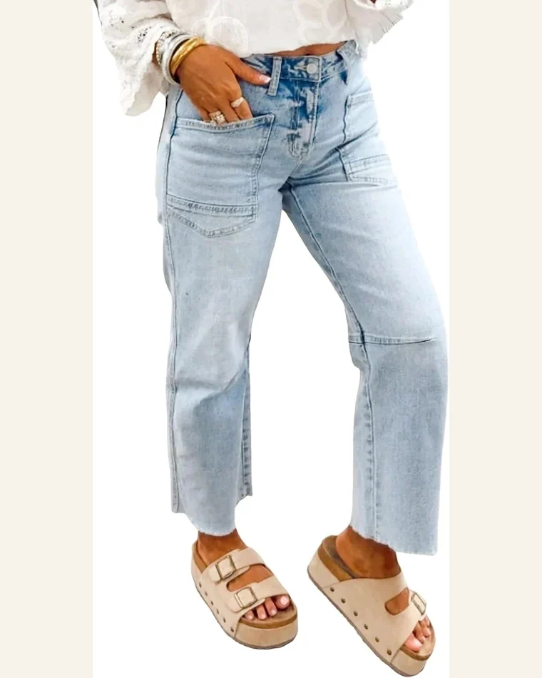 Casual Beau Blue Frayed Cropped Straight Jeans by SELINK
