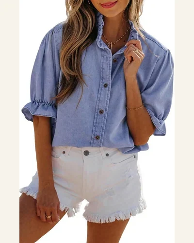 Short Sleeve Shirts Ruffle Chambray Top, view 4