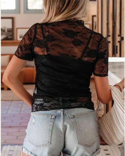 Mesh Short Sleeve Top Mock Neck See Through, view 2