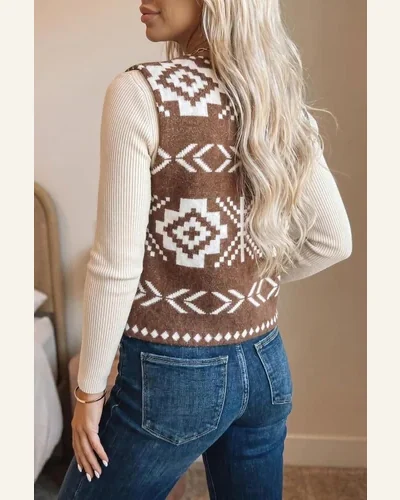 Western Print Tank Tops Brown Southwestern Aztec Button, view 2