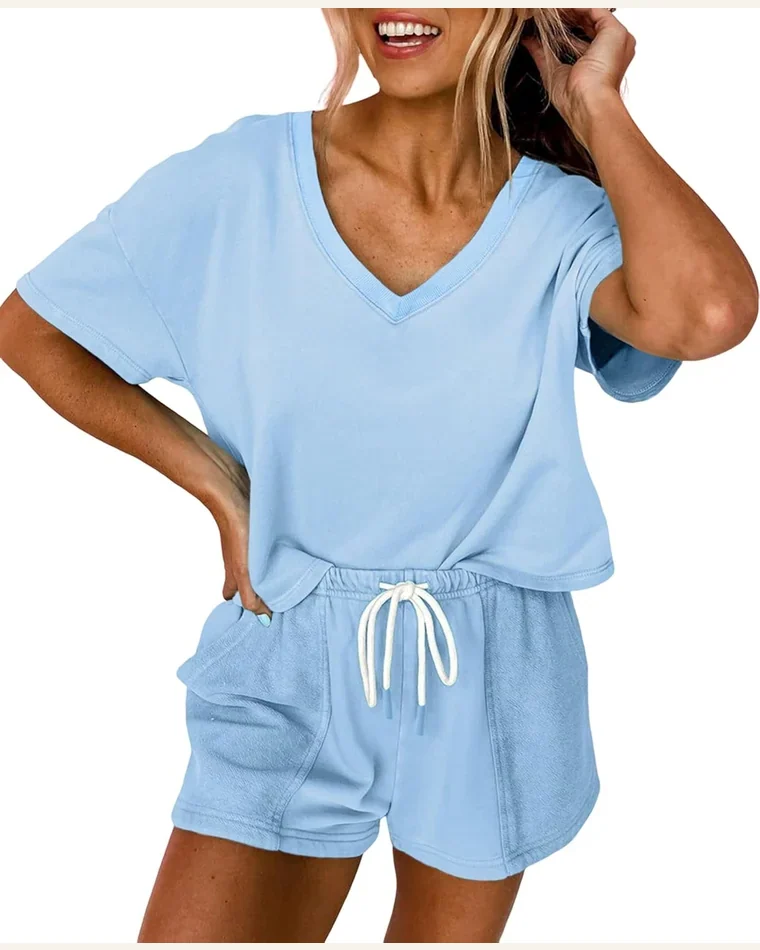 2 Piece Outfits Lounge Sets V Neck Top by SELINK