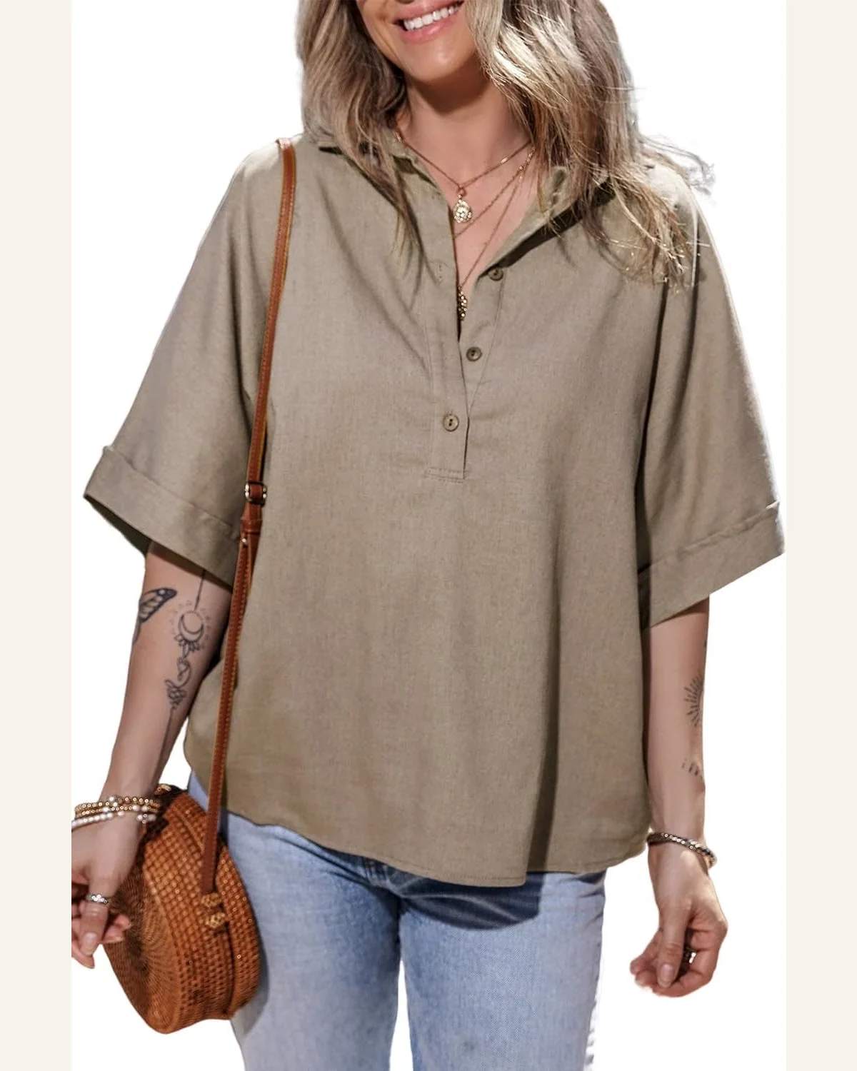 Short Sleeve T Shirt Casual Simply Taupe Collared by SELINK