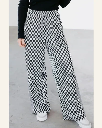 Casual White Checkerboard Pants Drawstring Elastic Waist Pants, view 2