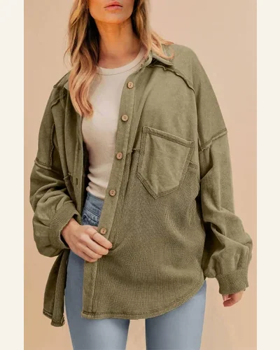 Shacket Jacket Casual Moss Green Waffle Knit Patchwork, view 4
