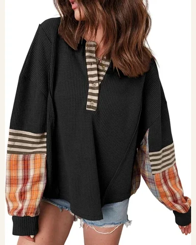 Long Sleeve Henley Shirts Casual Waffle Patchwork Sweatshirts, view 1