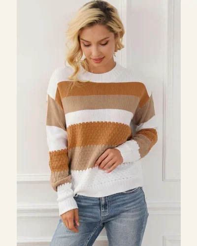 Pullover Sweater Tops Casual Chestnut Striped Cable Knit, view 4