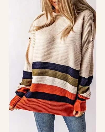 Pullover Sweater Tops Casual White Buttoned Shoulder Drop, view 4