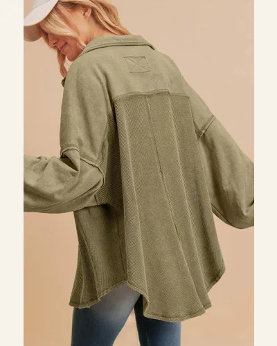 Shacket Jacket Casual Moss Green Waffle Knit Patchwork, view 2