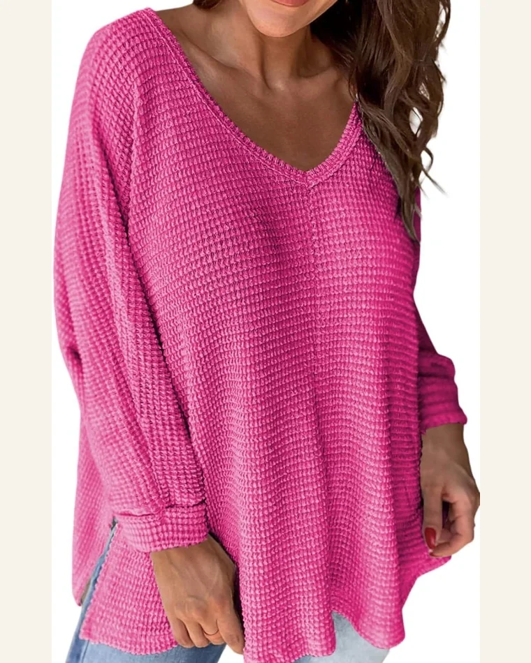 Tunic Tops Casual Rose Red Waffle Knit Side by SELINK