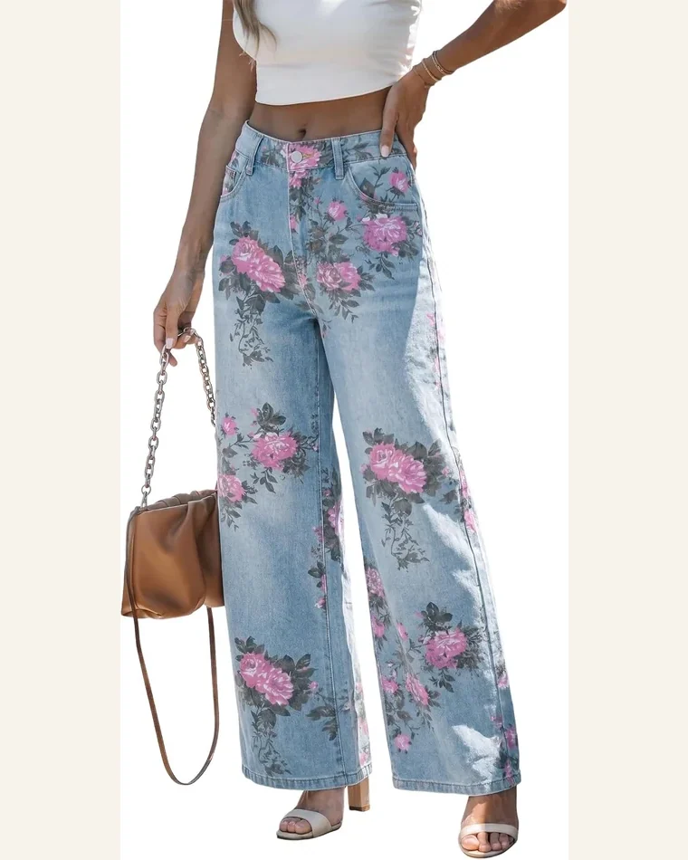 High Waisted Jeans Sky Blue Garden Floral Bootcut by SELINK