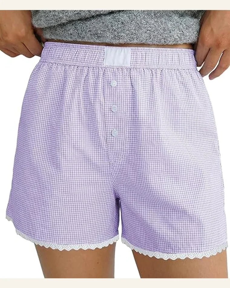 Casual Purple Gingham Plaid Lace Trim Boxer Shorts by SELINK