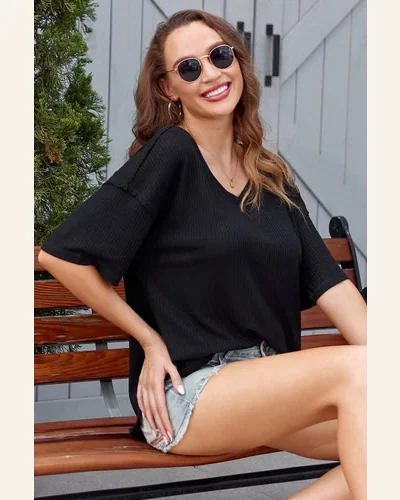 Short Sleeve T Shirt Casual Black Waffle Knit, view 3