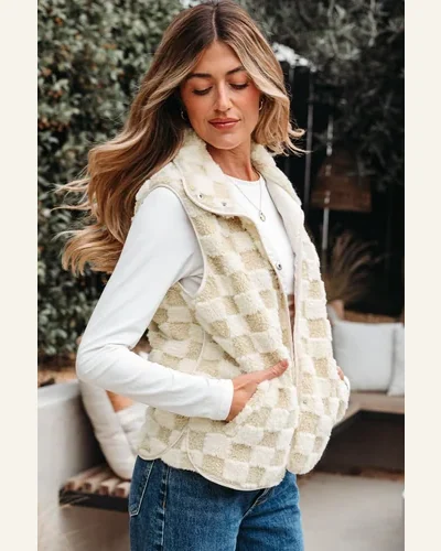 Casual Khaki Checkerboard Jacket Snap Button Vest Jacket, view 4