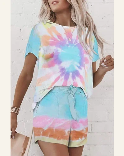 2 Piece Tie Dye Shorts Pajama Set Lounge, view 3