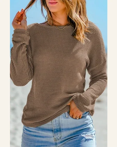 Tunic Tops Casual Dark Brown Waffle Knit Drop, view 4