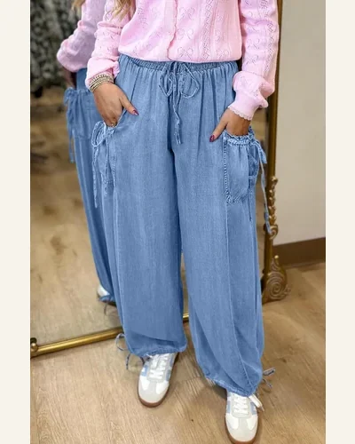 Casual Beau Blue Drawstring Elastic Waist Loose Denim Jeans, view 4