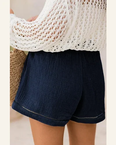 Casual Blue Cotton Gauze Paperbag Shorts Knot High, view 2