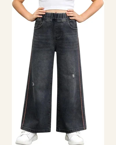 Girls Wide Leg Jeans Elastic Waistband Distressed Pants, view 4