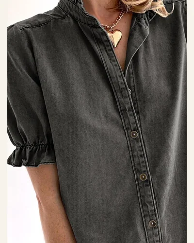 Short Sleeve Shirts Ruffle Chambray Top, view 2