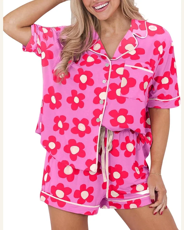 Summer Pajamas Sets Short Sleeve Flower Button by SELINK