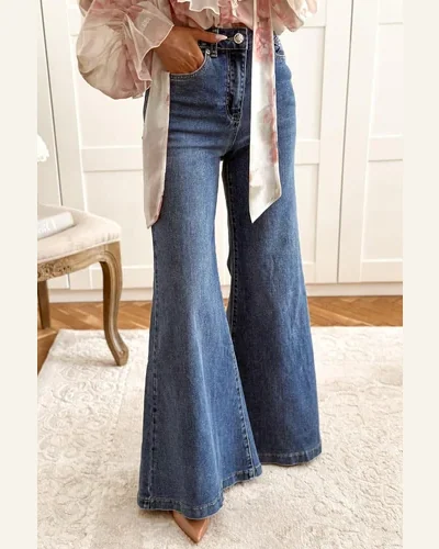 Casual High Waisted Jeans Dirty Blue Button Daily, view 4