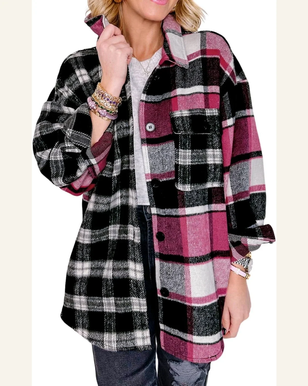 Shacket Jacket Casual Black Plaid Colorblock Loose Shacket by SELINK