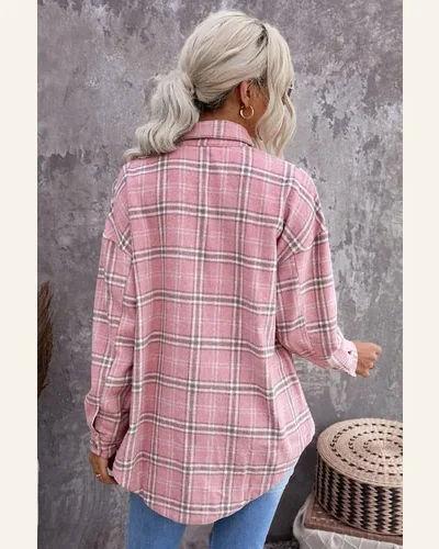 Shacket Jacket Casual Pink Plaid Pattern Buttoned Shirt, view 4