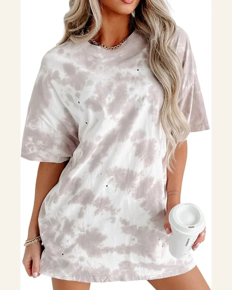 Short Sleeve T Shirt Basic White Tie-dye Round by SELINK