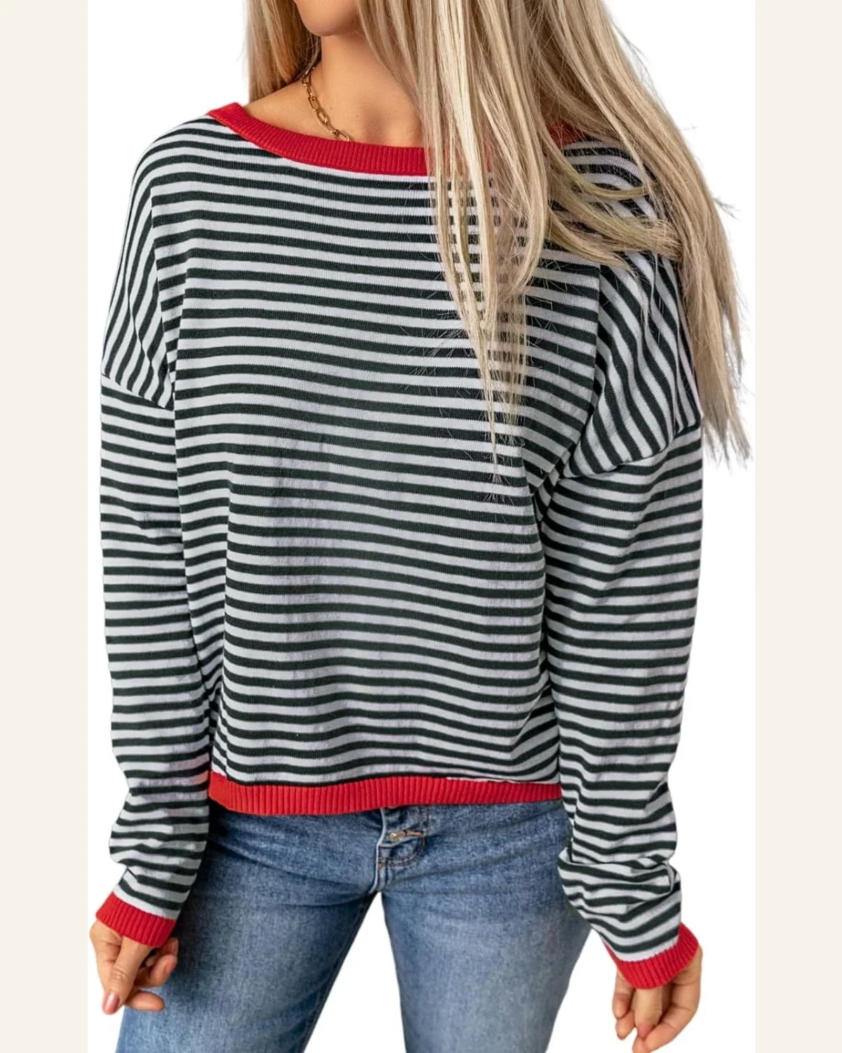 Pullover Sweater Tops Casual Contrast Trimmed Striped Drop by SELINK